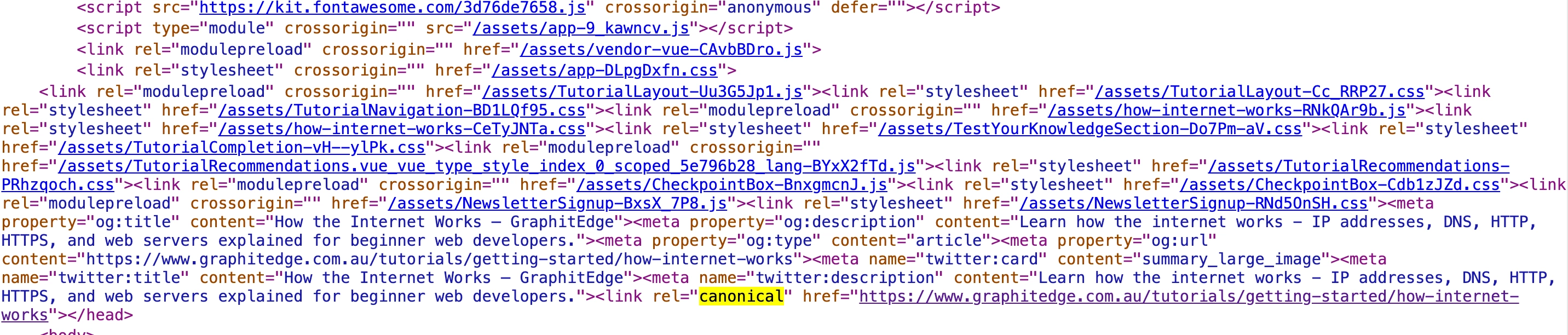 Page source highlighting the canonical link for the How the Internet Works tutorial.