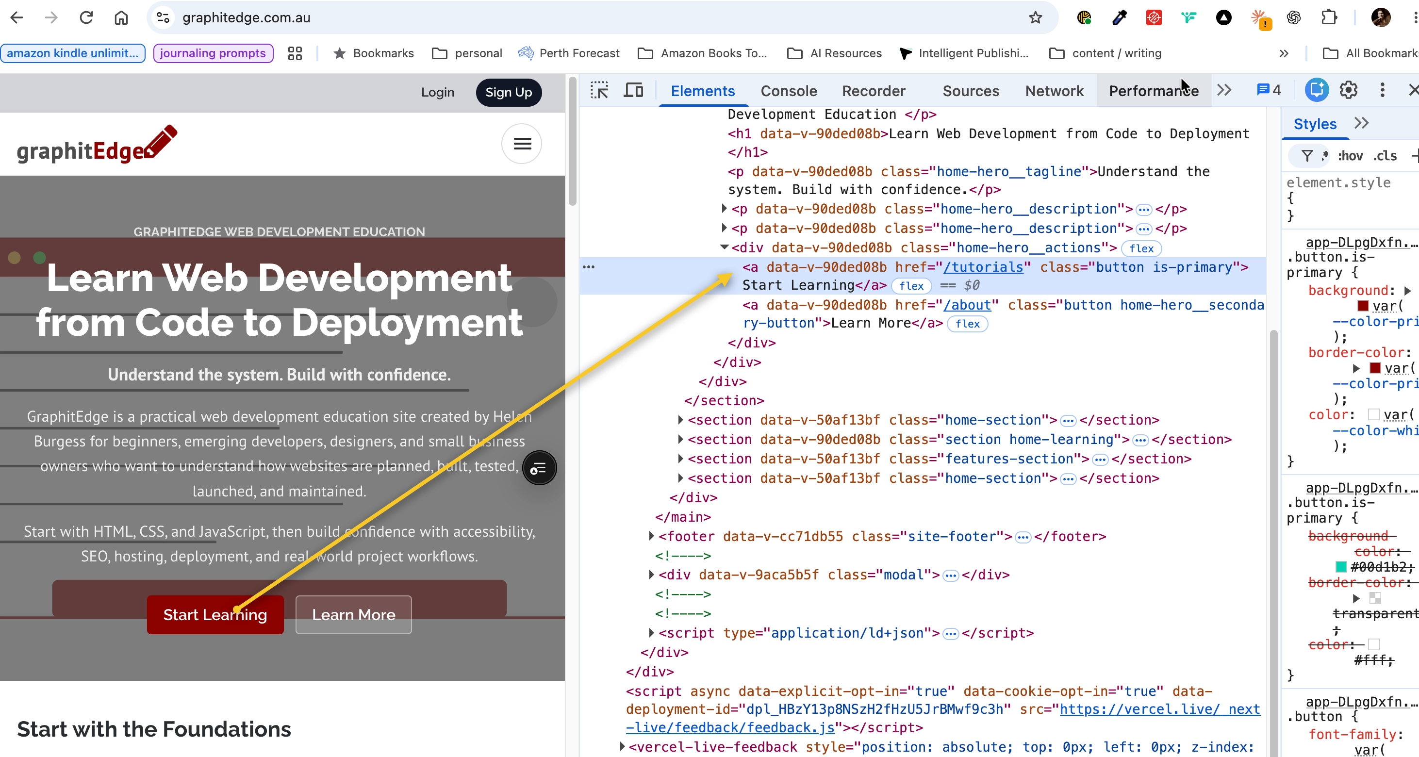 Elements panel highlighting the Start Learning anchor with href set to /tutorials.