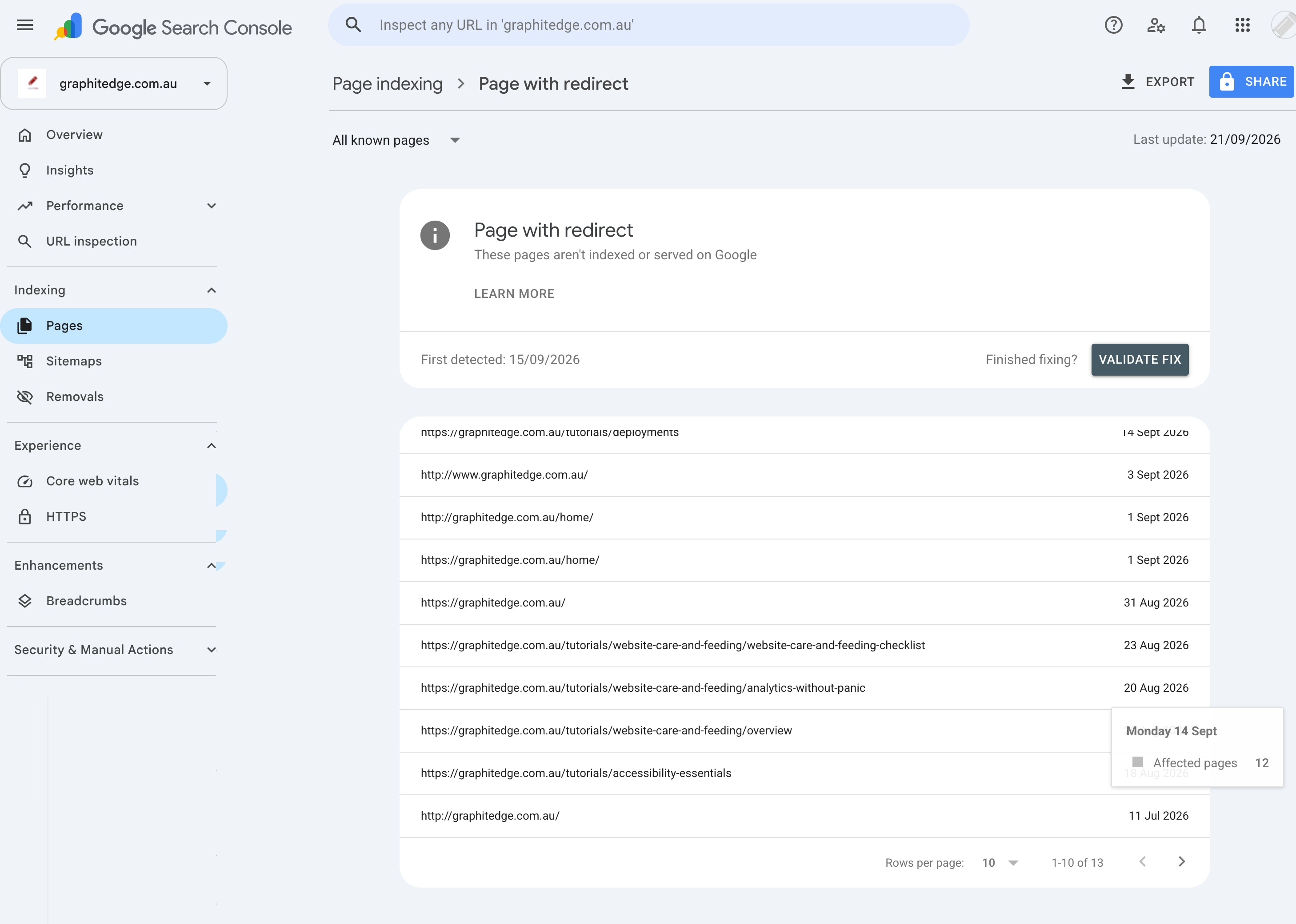Google Search Console Page Indexing report listing URLs classified as Page with redirect.
