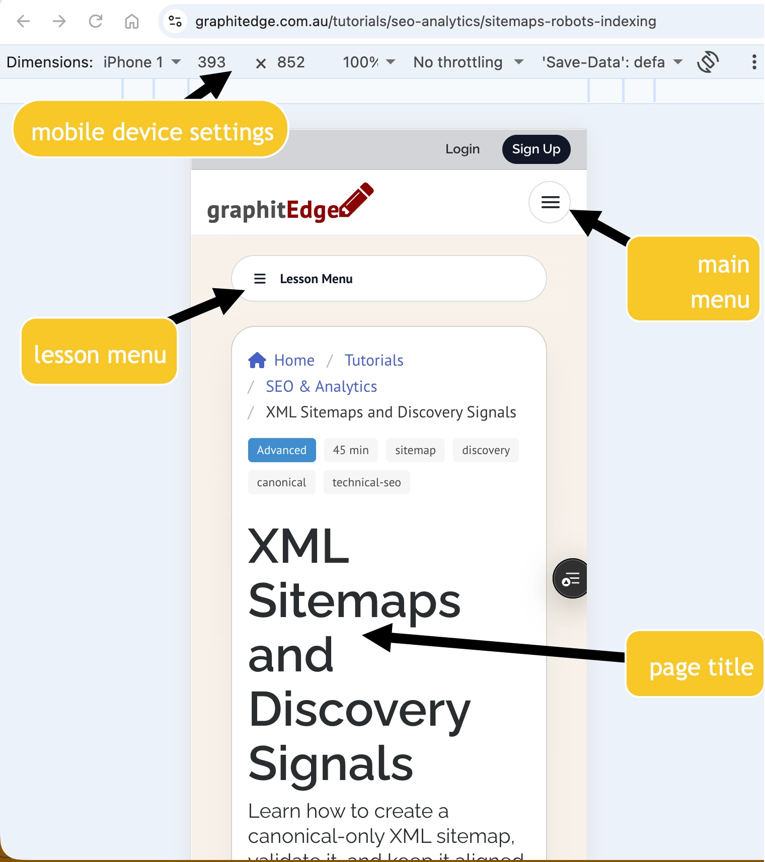 GraphitEdge tutorial rendered at a 393 by 852 mobile viewport with the main menu, lesson menu and page title visible.