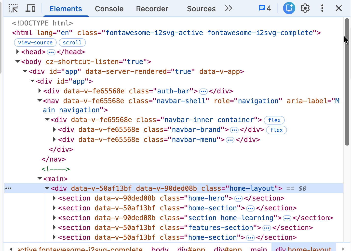 Chrome Elements panel showing the rendered GraphitEdge document structure after JavaScript has run.