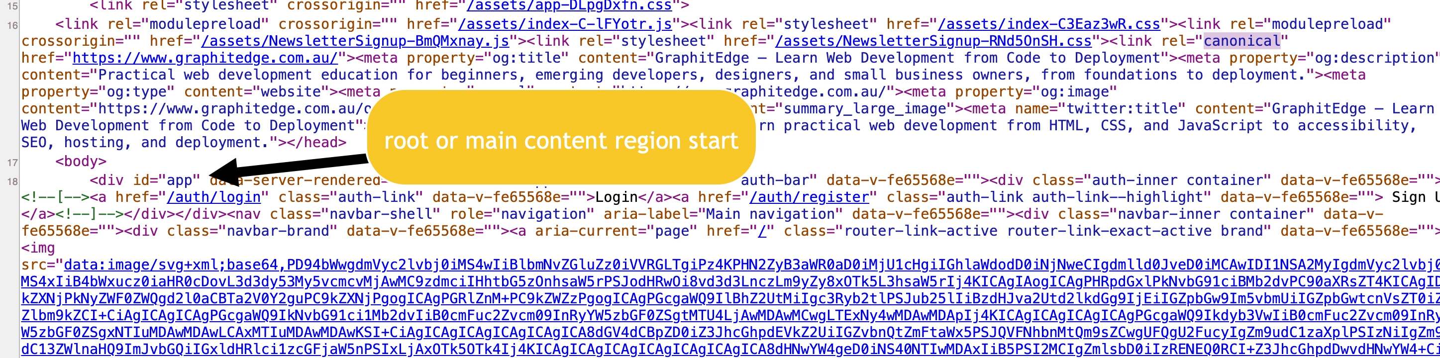 View Source showing server-rendered GraphitEdge HTML, including the canonical link and the start of the main content.