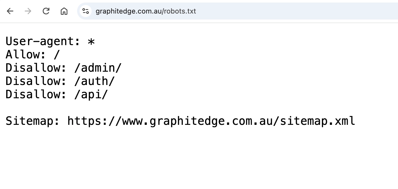GraphitEdge robots.txt showing crawler directives and a sitemap URL.