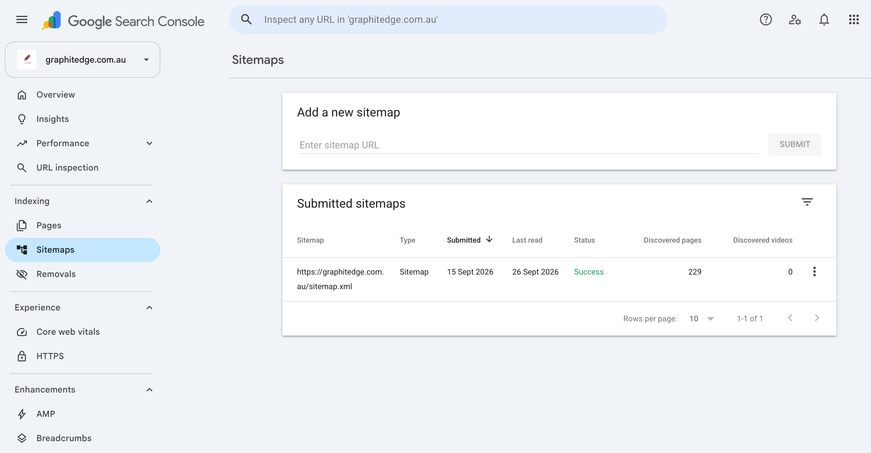 Google Search Console Sitemaps report showing the submitted GraphitEdge sitemap with a Success status and 229 discovered pages.