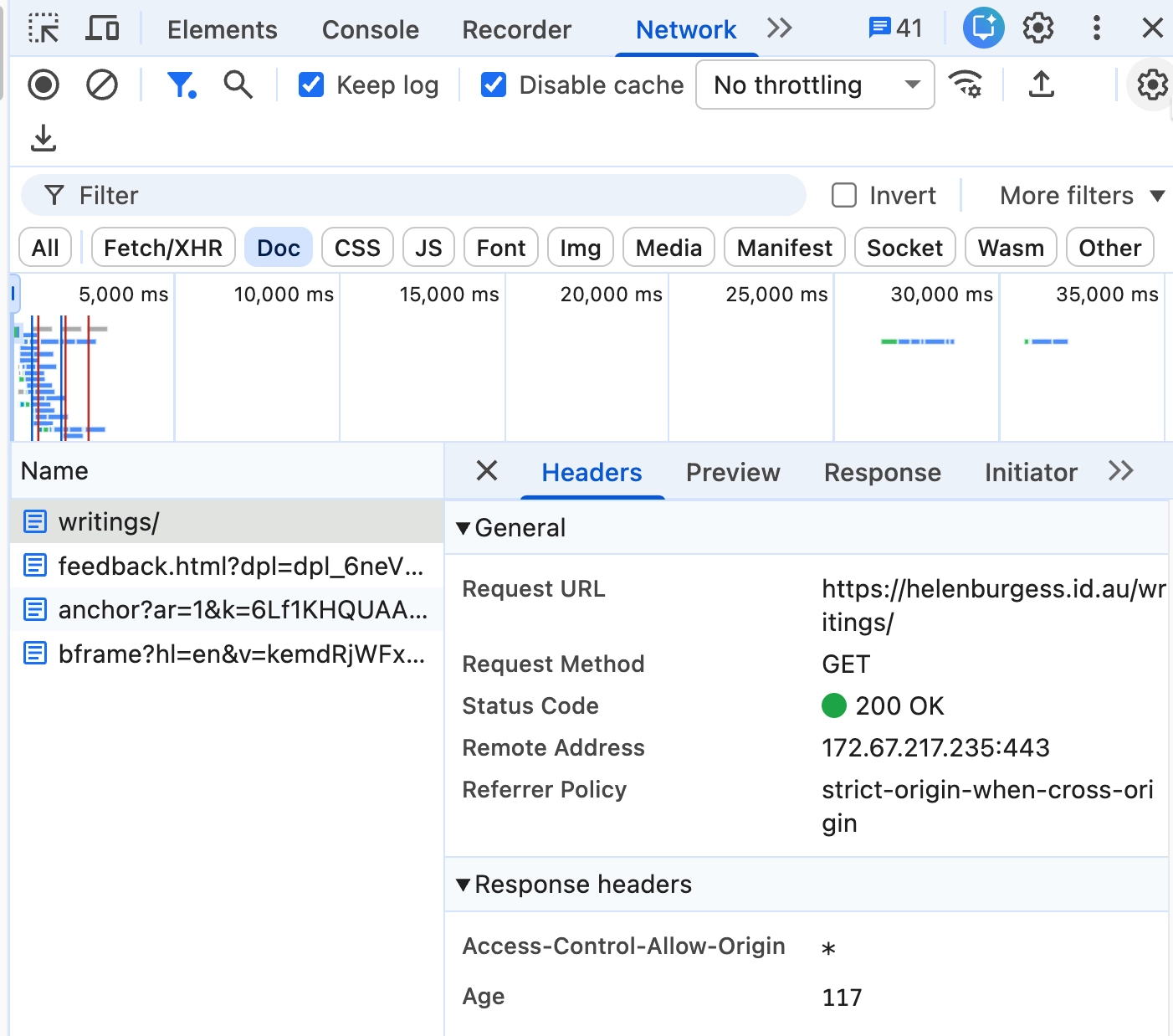 Chrome Network panel showing the final document request for a public page returning 200 OK.