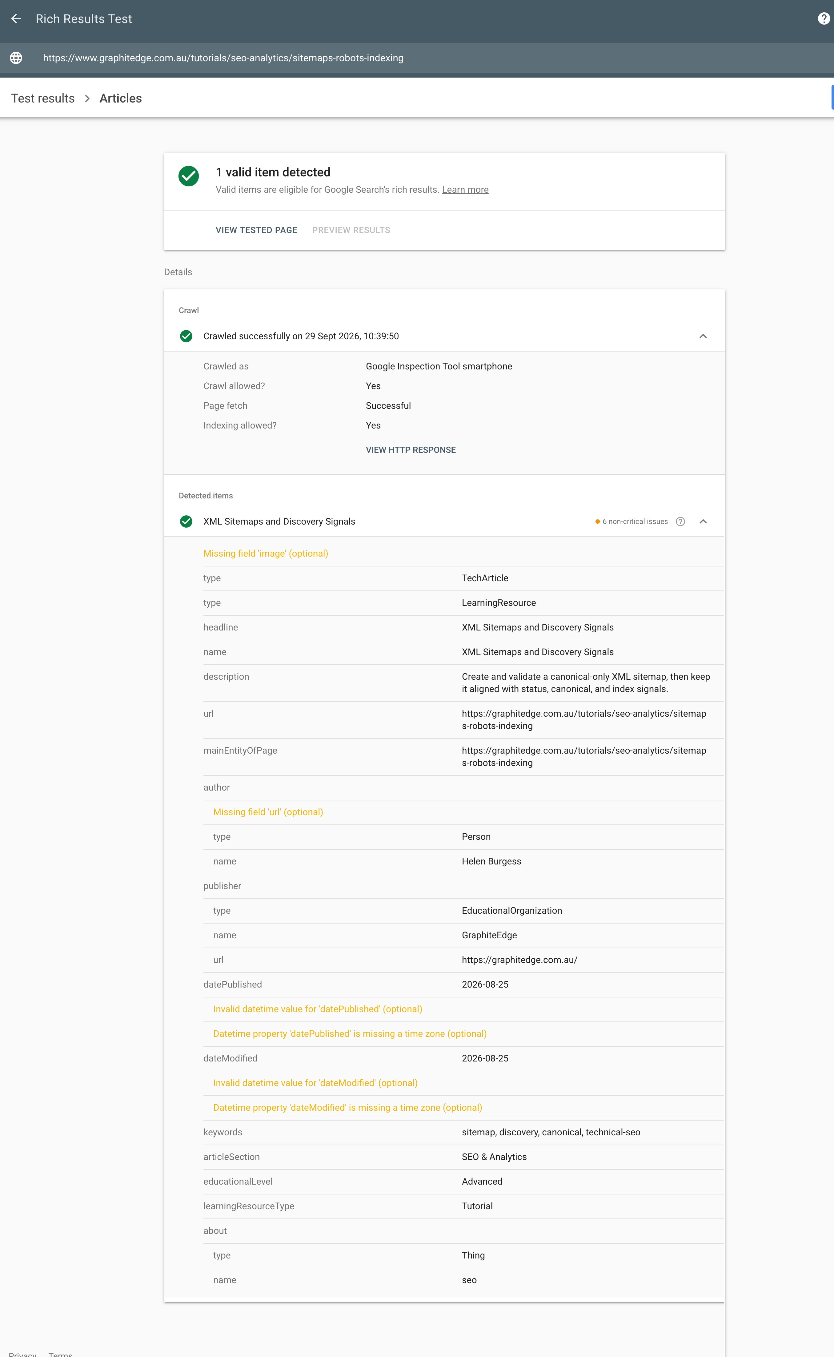 Google Rich Results Test showing one valid article item with non-critical issues and the detected tutorial schema fields.