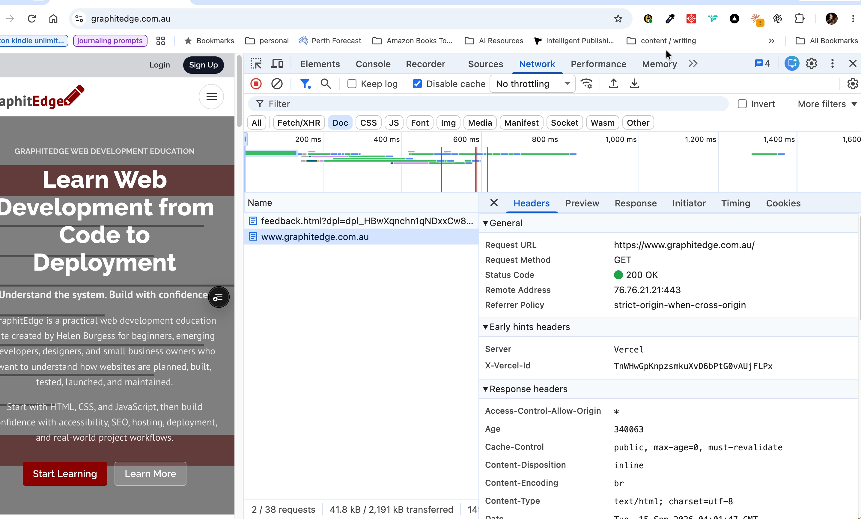 Chrome Network panel showing the GraphitEdge document request, 200 OK status and response headers.