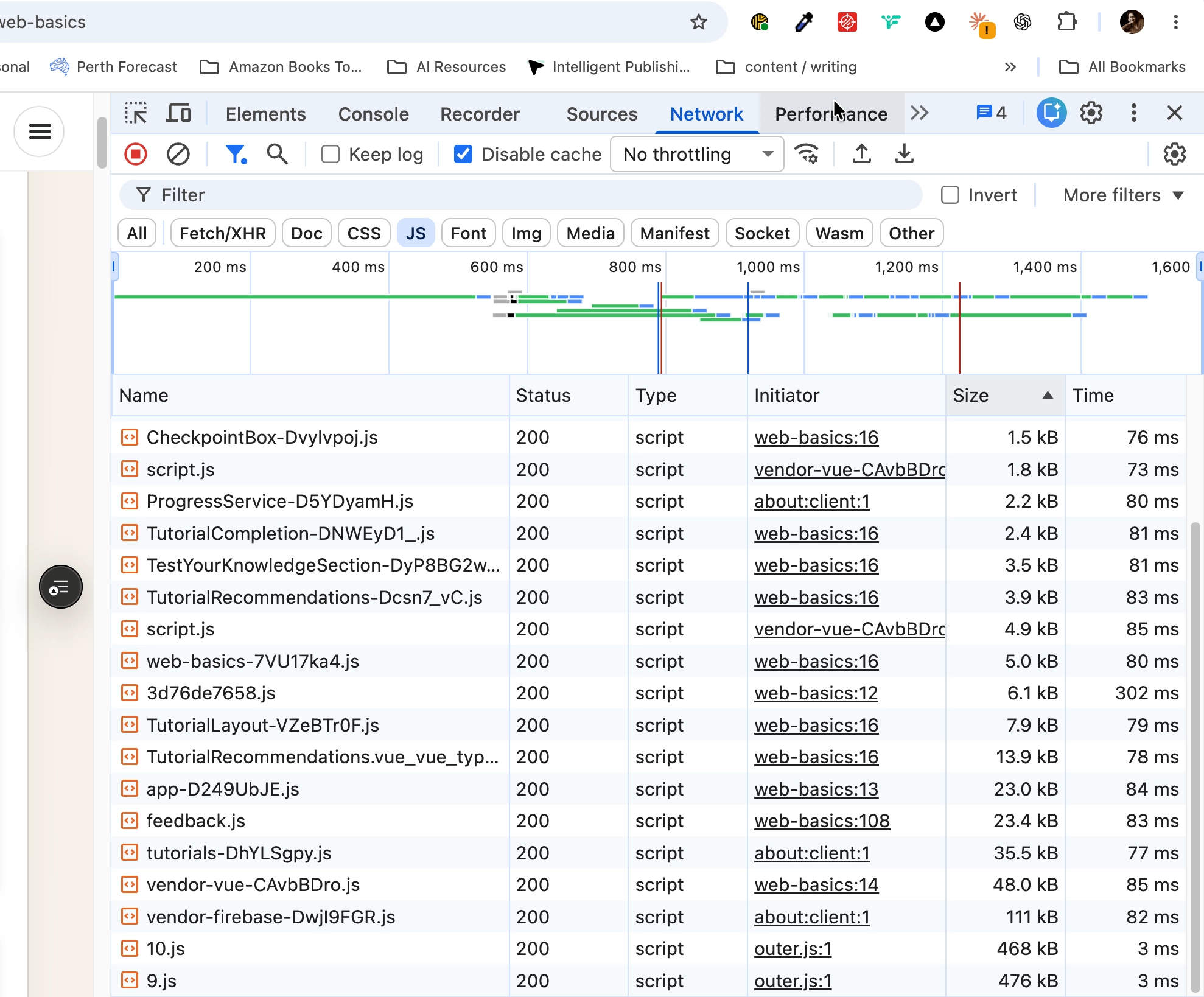 Network panel filtered to JavaScript, listing script names, sizes, initiators and load times.