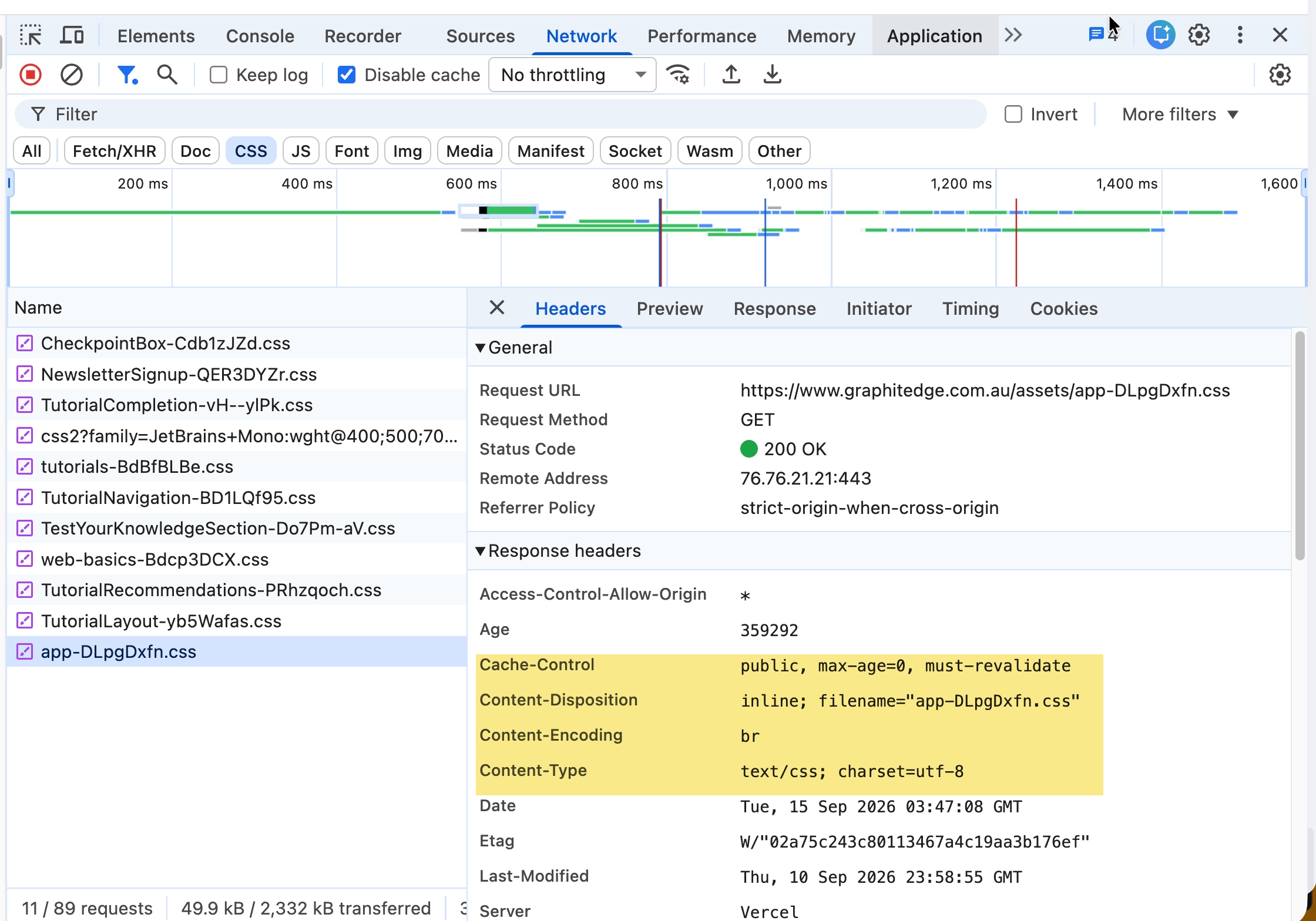 CSS response headers highlighting Cache-Control, Content-Encoding and Content-Type.