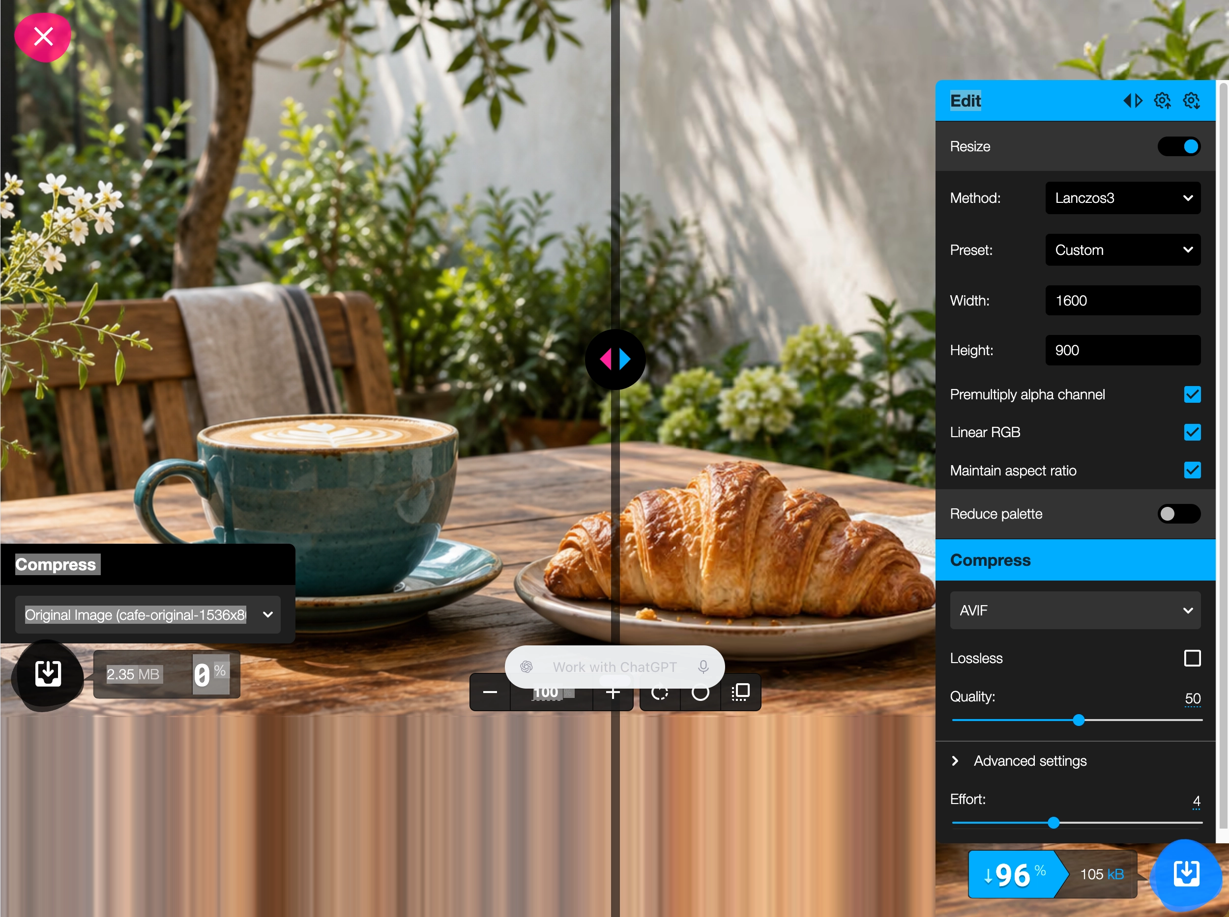 Squoosh comparing the cafe image with an AVIF export, with resize, quality and effort settings visible.